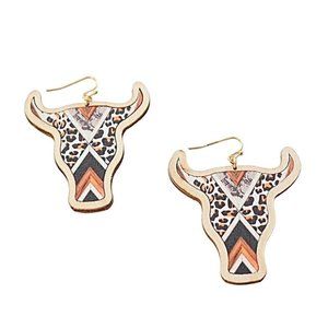 Wild Chevron Wood Steer Head Earrings